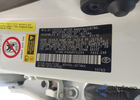 2016 Toyota Camry Le z USA, uszkodzony, nr VIN 4T4BF1FK6GR555254